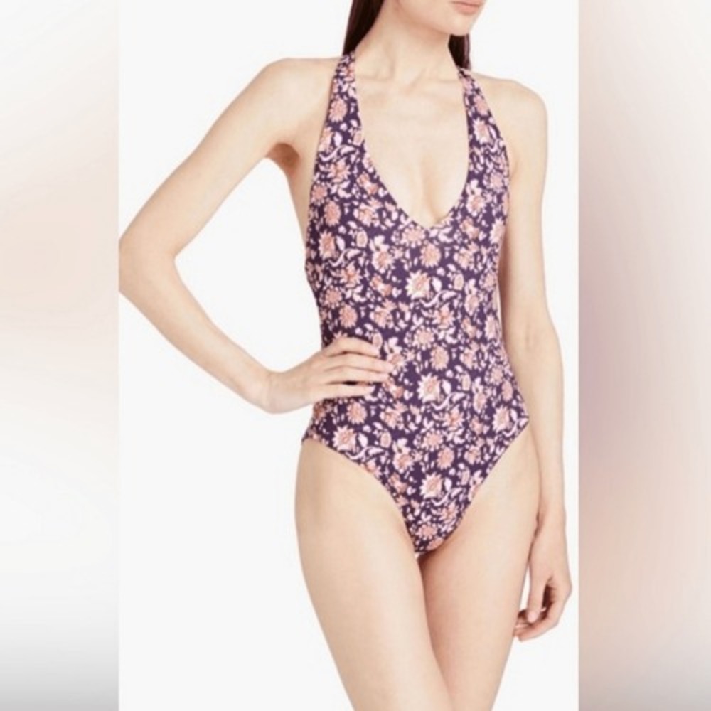 Veronica Beard NWT 25B Salis Floral-Print Halterneck Purple One-Piece Swimsuit L